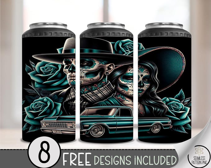 4-in-1 Can Cooler Chicano Wrap PNG, 4 in 1 La Sugar Skull Couple with Truck, 16 Oz Dia de los Muertos Sublimation Cooler Design File, A257
