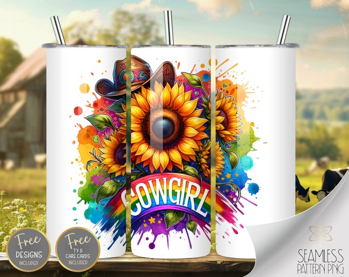 Neon Sunflower Cowgirl PNG 20 oz Straight Tumbler Wrap Sublimation, Floral Skinny 20 oz Design Files Western Tumbler Design Instant Download