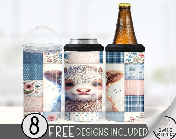 Boho 4 In 1 Can Cooler Tumbler Wrap, Highland Cow Sublimation Design,Floral 16 Oz Slim,Cute Patchwork Quilt 16 Oz Can Cooler Sublimation PNG