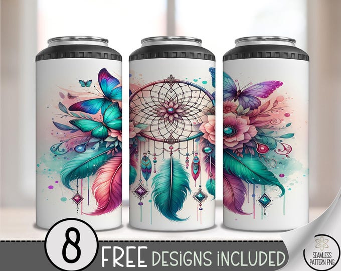 Boho Pastel Butterfly 4-in-1 Can Cooler Wrap PNG, Dreamcatcher Feather Sublimation for Skinny Can Holder,Floral Native 4in1 Can Cooler, A260
