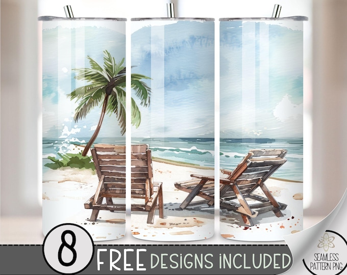 Watercolor Palm Tree Vacation Tumbler Design Wrap PNG, Beach Tumbler Wrap PNG, Sublimation Tumbler Wrap, Beach Chair Design Digital Download