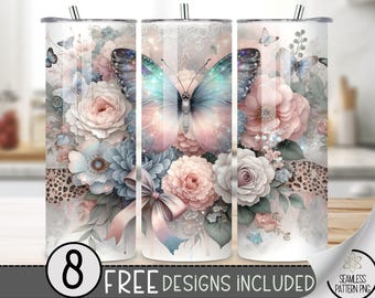 Boho Butterfly Floral Tumbler Wrap, Rose Floral Boho Sublimation Design PNG, Ethereal 20Oz Skinny Tumbler File,Glittery Butterfly Design PNG