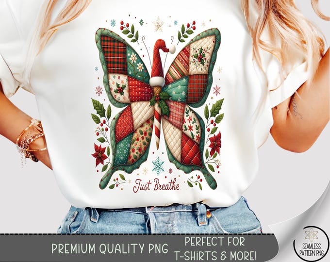 Quilt Butterfly T-Shirt PNG, Cozy Sublimation Design, Christmas Patchwork DTF Shirt Graphic, Rustic Vintage Folk TShirt File, A489