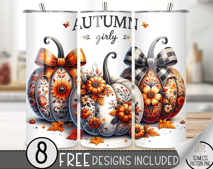 Autumn girly tumbler wrap, Cute pumpkin tumbler wrap, autumn pumpkin 20 oz tumbler design, Coquette tumbler PNG, Girly fall tumbler file