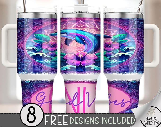 Dolphin Tumbler Wrap, Coast Ocean 40 Ounce Sublimation Design, 40 oz Tropical Summer Beach Floral 40oz Quencher Tumbler PNG, Boho File A225