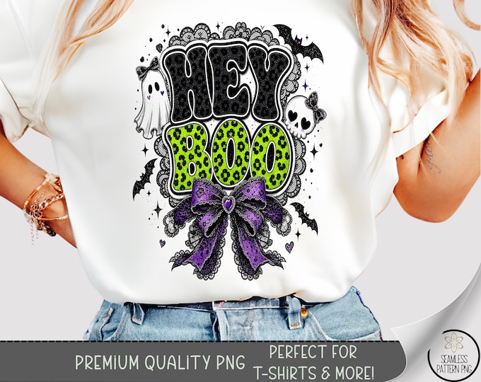 Halloween T-shirt PNG, Hey Boo Text Design, Gothic Cute Sublimation Graphic, Digital Download, B10245