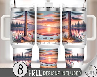 The Lake Is My Happy Place 40 oz Tumbler Wrap PNG, Camping Sublimation Design, Tranquil Lake Sunset Scene, Hammock Fire PNG, A300