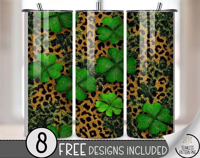 Glitter Clover PNG 20 Oz Tumbler Wrap, Festive Shamrock Leopard Pattern Sublimation Design For St. Patrick’s Day Tumblers, B872
