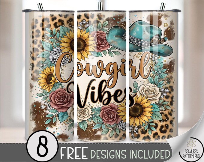 Cowgirl Vibes 20 oz Tumbler Wrap, Playful Sublimation Design for Straight Tumblers, Rustic Chic PNG Files, Western Boho Flair, B10110