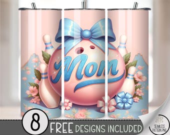 Bowling Mom 20 oz Tumbler Wrap PNG, Pastel Floral Bowling Ball with Pins and Ribbon, 20oz Sports Mom Sublimation Design File, A336