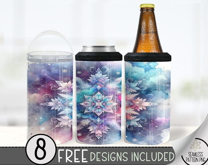Snowflake Can Cooler Wrap, Celestial 16 Oz 4 in 1 Tumbler Sublimation Design, Seamless Can Cooler Tumbler Wrap, Watercolor Snow PNG File