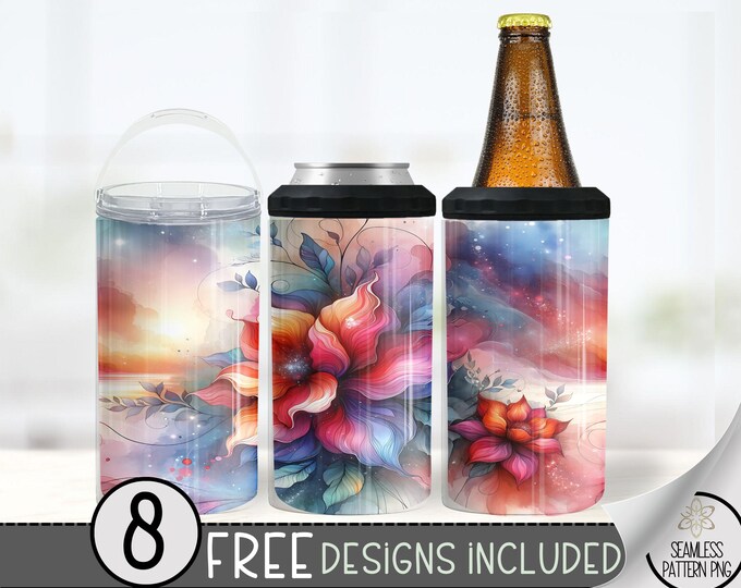 Floral 4 In 1 Can Cooler Tumbler Wrap, Flower Sublimation Design, Fantasy 16 Oz Slim, Ethereal 16 Oz Can Cooler Sublimation Design File