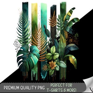 May include: A digital illustration of tropical leaves and gold accents on a white background. The leaves are green and blue with gold accents. The image is perfect for use as a seamless pattern.