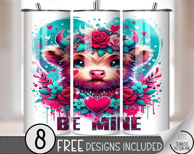 Be Mine 20 oz tumbler wrap: Valentine's Day Cute Highland Cow Sublimation Design for Skinny Tumblers, Digital Download A651