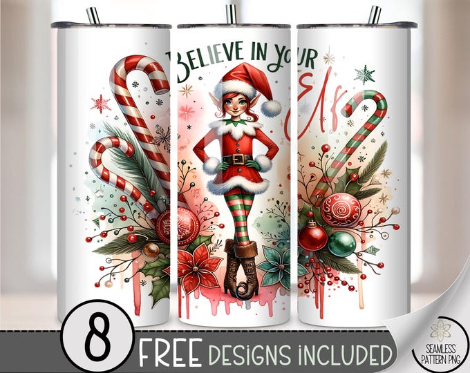Festive 20 oz tumbler wrap: Christmas Elf Digital Download Sublimation Design for Skinny Tumblers, Whimsical PNG Files, A532