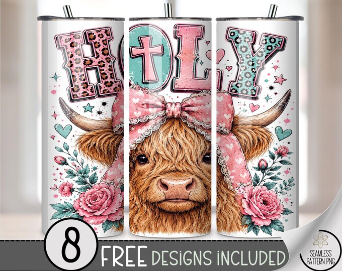 Holy Highland Cow 20 oz Tumbler Wrap,  Leopard Print Sublimation Design for Straight Tumblers, Pink Teal PNG Files, Digital Download, B10352