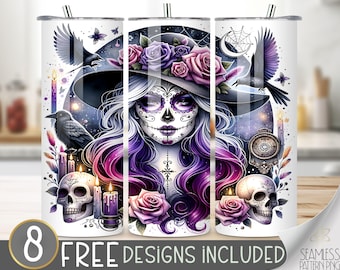 Sugar Skull Witch Tumbler Wrap, Day of the Dead Design, Gothic Rose Ravens, Gothic 20oz Sublimation PNG, Halloween Calavera Tumbler Design