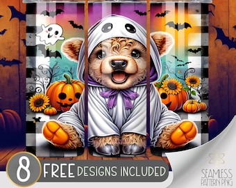 Halloween Highland Cow Design, Cute Ghost 20Oz Skinny Tumbler Wrap PNG, Cute Highland Cow Tumbler Sublimation Design, Instant Download