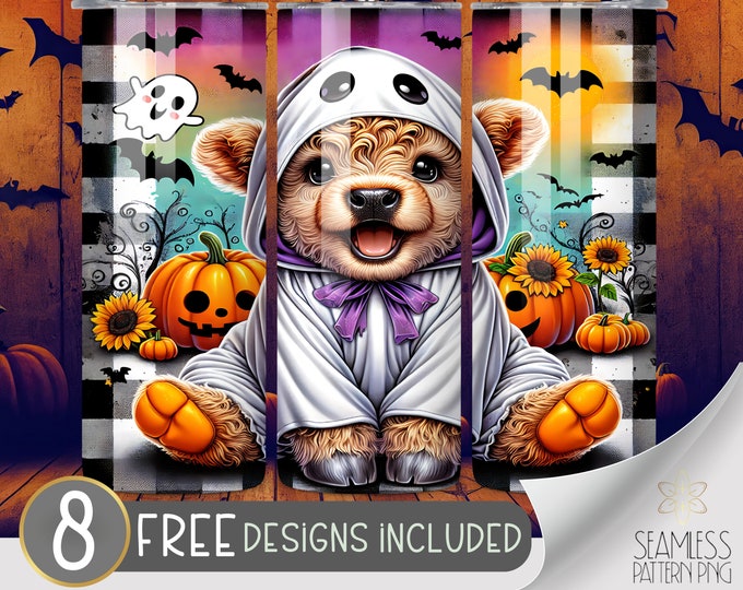 Halloween Highland Cow Design, Cute Ghost 20Oz Skinny Tumbler Wrap PNG, Cute Highland Cow Tumbler Sublimation Design, Instant Download