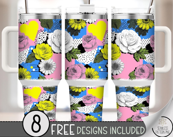 Spring Floral 40 oz Tumbler Wrap, Bold Rose Collage Sublimation Design, Festive Pop-Art PNG Files, Retro 40oz Tumbler Design B10046