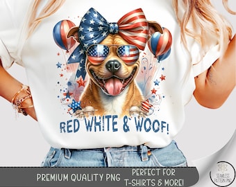 Patriotic Pitbull Shirt PNG, Red White & Woof T-Shirt Design, 4th of July American Flag Dog Sublimation, Dog Lovers Coquette Bow Tee, A297