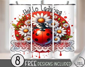 Ladybug 20 oz Tumbler Wrap PNG, Digital Download Sublimation Design for Cute Ladybug Lovers, Love Bug Skinny 20oz Tumbler PNG,Daisy PNG A206