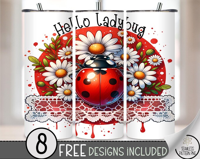 Ladybug 20 oz Tumbler Wrap PNG, Digital Download Sublimation Design for Cute Ladybug Lovers, Love Bug Skinny 20oz Tumbler PNG,Daisy PNG A206