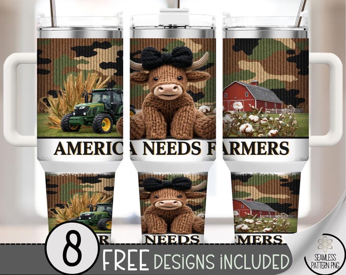 America Needs Farmers 40 oz Tumbler Wrap PNG, Tractor Farming Digital Download, Knitted Cow Sublimation Design, A783