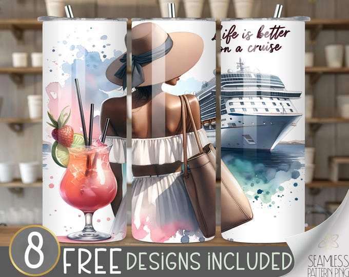 Cruise Ship Tumbler Wrap, Cruise and Cocktail 20oz Skinny Sublimation, Cruise Tumbler Design, Black Girl Cruise Sublimation Design