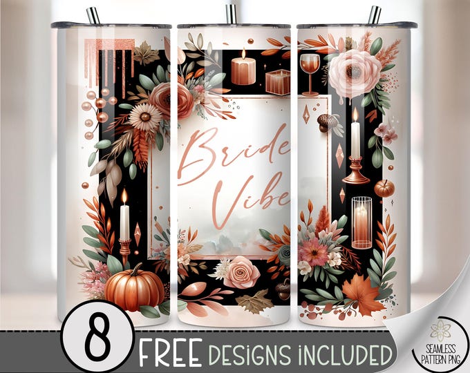 Bridal 20 oz Tumbler Wrap, Romantic Sublimation Design for Straight Tumblers, Fall Wedding PNG Files, Digital Download, B10298