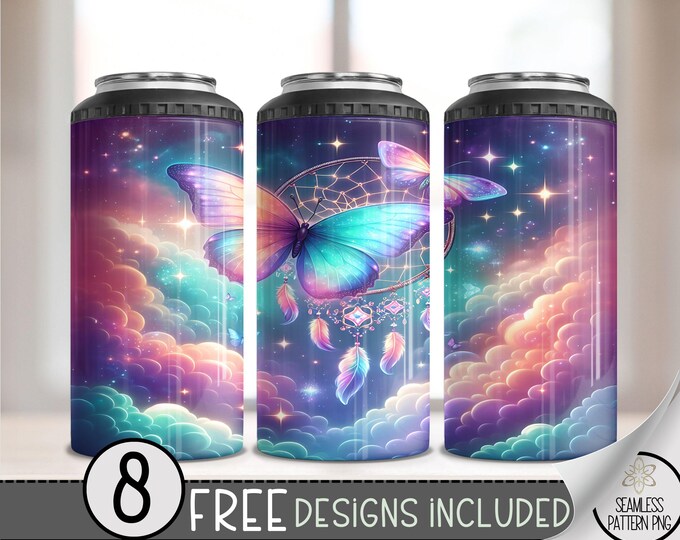 Butterfly Dreamcatcher 4 in 1 Can Cooler Wrap, Celestial Butterflies 4in1 Tumbler PNG, Cute Rainbow 16 Oz Can Cooler Sublimation Design