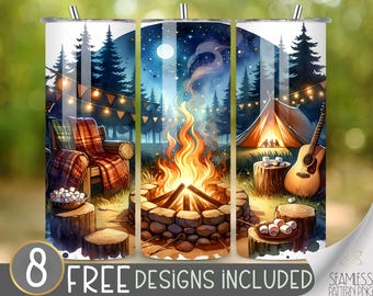 Tent Camping Tumbler Wrap, Cottagecore Sublimation Design, Campfire Wrap, Camping Tumbler Image, Vacation Tumbler Wrap, Marshmallow Wrap