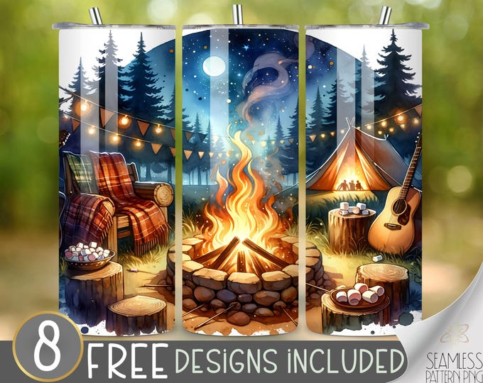Tent Camping Tumbler Wrap, Cottagecore Sublimation Design, Campfire Wrap, Camping Tumbler Image, Vacation Tumbler Wrap, Marshmallow Wrap