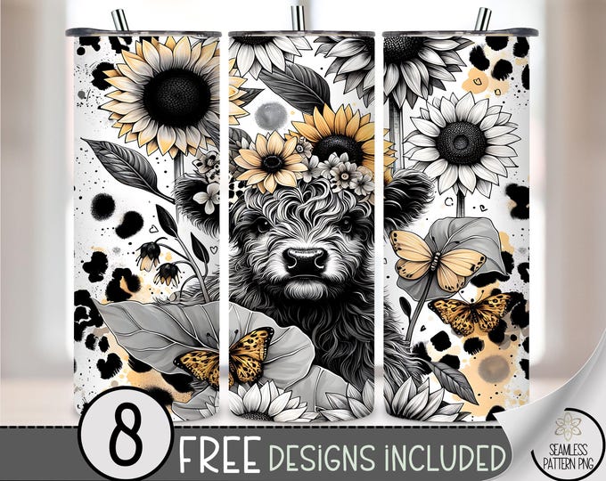 Black and White Highland Cow Flower Sublimation Design, Baby Highland Cow Sunflower 20 oz Tumbler Wrap PNG,Spring Highland Cow 20oz PNG A210