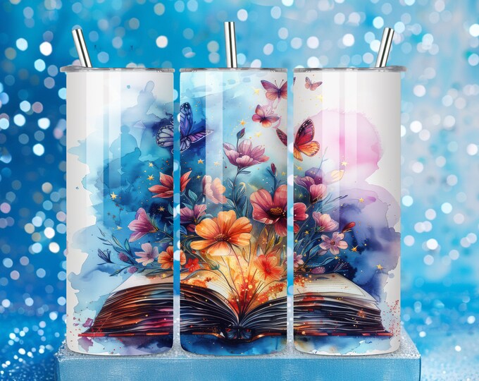 Open book 20 oz Straight Tumbler Wrap Sublimation, Magic Reading Skinny Tumbler Butterflies Design Files, Ethereal Book Instant Download