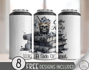 Coffee on the Rocks 4-in-1 Can Cooler Wrap PNG, Gothic Skull Coffee & Books Sublimation, Dark Academia Snarky Craft Show Gift Design, A346