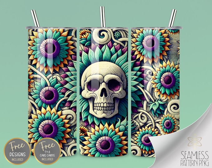 Embroidered Skull Tumbler Wrap, 20oz Straight Sublimation Tumbler Design, 3D Sublimation Design Embroidery Minty Rose Tumbler PNG Download