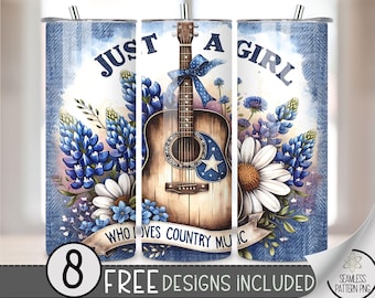Just A Girl Who Loves Country Music Tumbler Wrap,Cowgirl Skinny Tumbler Sublimation Design, Western Tumbler PNG Digital File,Guitar 20oz PNG