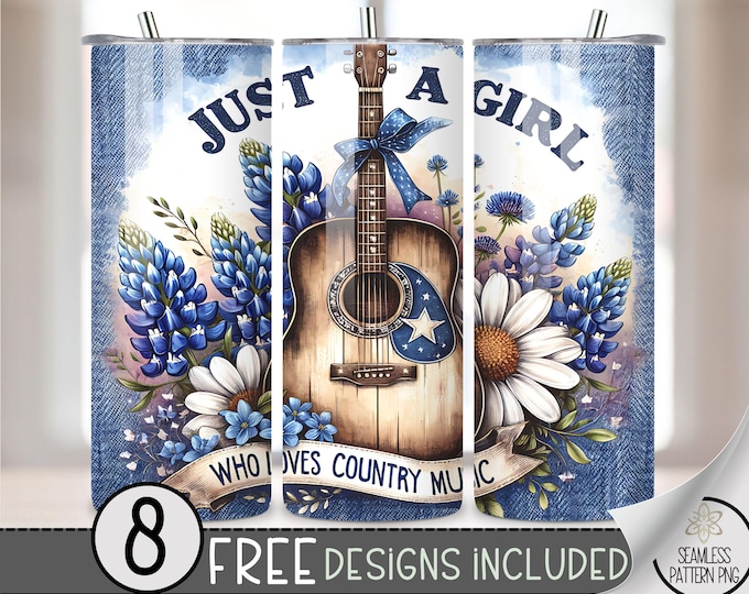 Just A Girl Who Loves Country Music Tumbler Wrap,Cowgirl Skinny Tumbler Sublimation Design, Western Tumbler PNG Digital File,Guitar 20oz PNG