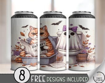 Rustic Halloween Cat and Ghost Can Coolers, Spooky Fall Bathroom Joke, Printable Wraps, Bat and Pumpkin Design, A432
