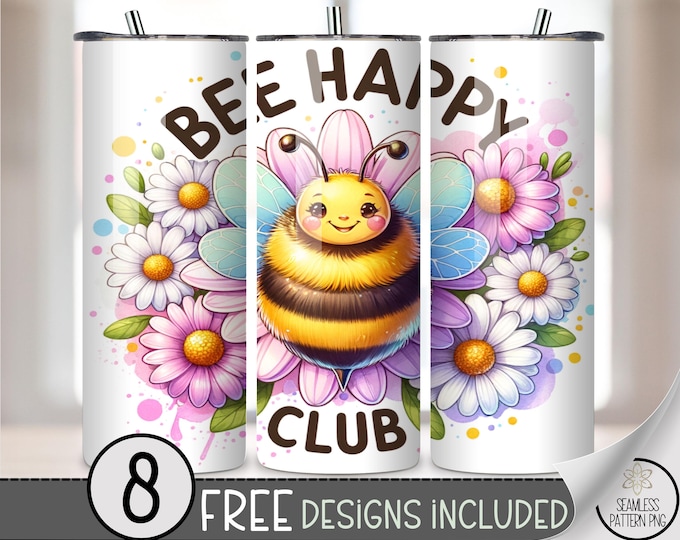 Cute Bee Happy Club 20 oz Tumbler Wrap, Floral Daisy Design, Fun Inspirational 20 oz Cup PNG, Cheerful Positive Affirmation Wrap, A457