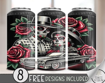 LA Chicano Girl Couple Cholo Couple 4in1 Can Cooler Wrap, Floral 4 in 1 Tumbler PNG, LA Sugar Skull 16 Oz Can Cooler Sublimation Design