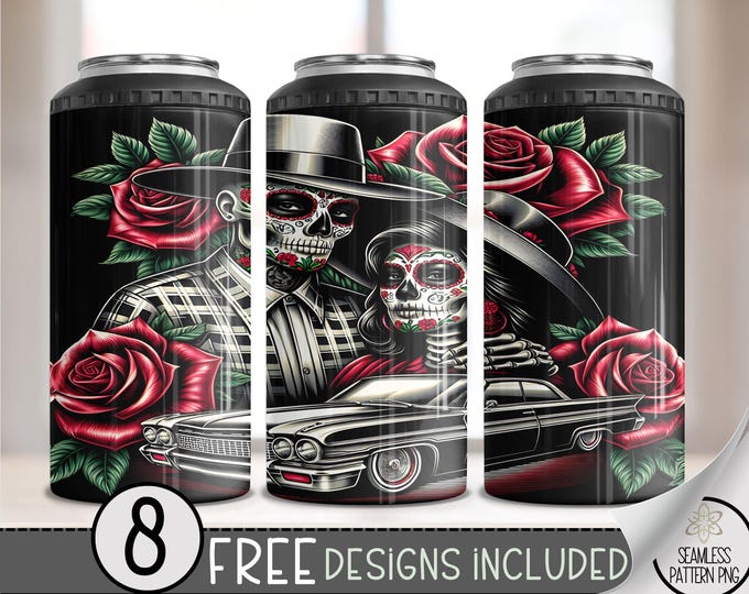 LA Chicano Girl Couple Cholo Couple 4in1 Can Cooler Wrap, Floral 4 in 1 Tumbler PNG, LA Sugar Skull 16 Oz Can Cooler Sublimation Design