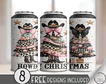Festive Western 4in1 Can Cooler Wrap, Christmas Trees Sublimation Design, Cowboy Hats, Pink Bows, Howdy Christmas A565
