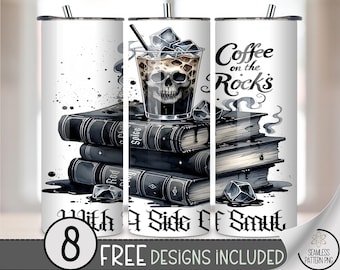 Coffee on the Rocks 20 oz Tumbler Wrap PNG, Skull in Iced Coffee with Dark Books, Snarky Gothic Sublimation Halloween & Dark Academia, A346