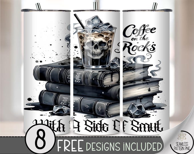 Coffee on the Rocks 20 oz Tumbler Wrap PNG, Skull in Iced Coffee with Dark Books, Snarky Gothic Sublimation Halloween & Dark Academia, A346
