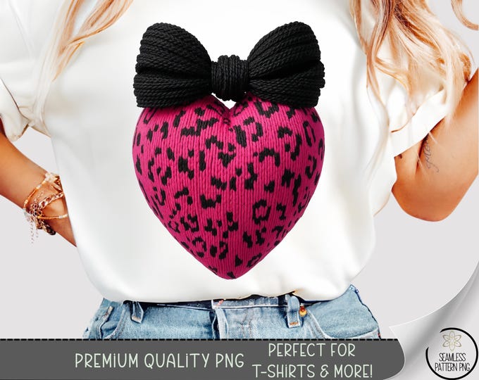 Leopard Heart T-shirt PNG, Faux Yarn Sublimation Design, Faux Embroidery DTF Shirt Graphic, Coquette Bow TShirt File, A826