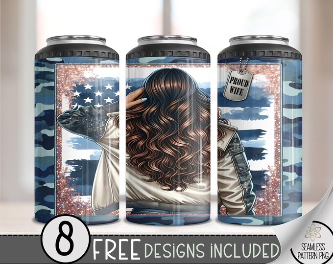 Military Wife 4 in 1 Can Cooler Wrap, Dog Tag 4in1 Tumbler PNG, Proud Patriotic Wife 16 Oz Can Cooler Sublimation Design, US American Flag