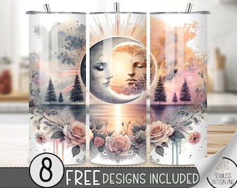 Sun & Moon Tumbler Wrap, Moon Lace 20 Oz Skinny Tumbler Sublimation Design, Celestial Png Tumbler Wrap, Boho Moon File Instant Download