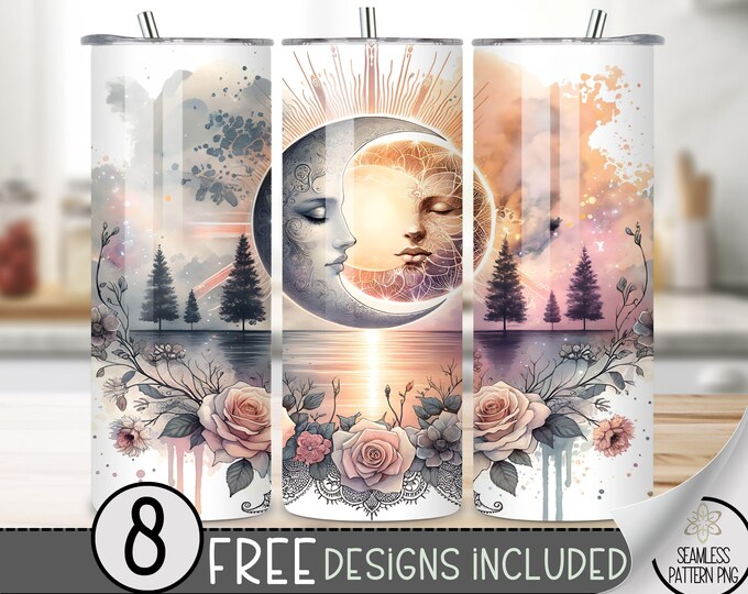 Sun & Moon Tumbler Wrap, Moon Lace 20 Oz Skinny Tumbler Sublimation Design, Celestial Png Tumbler Wrap, Boho Moon File Instant Download